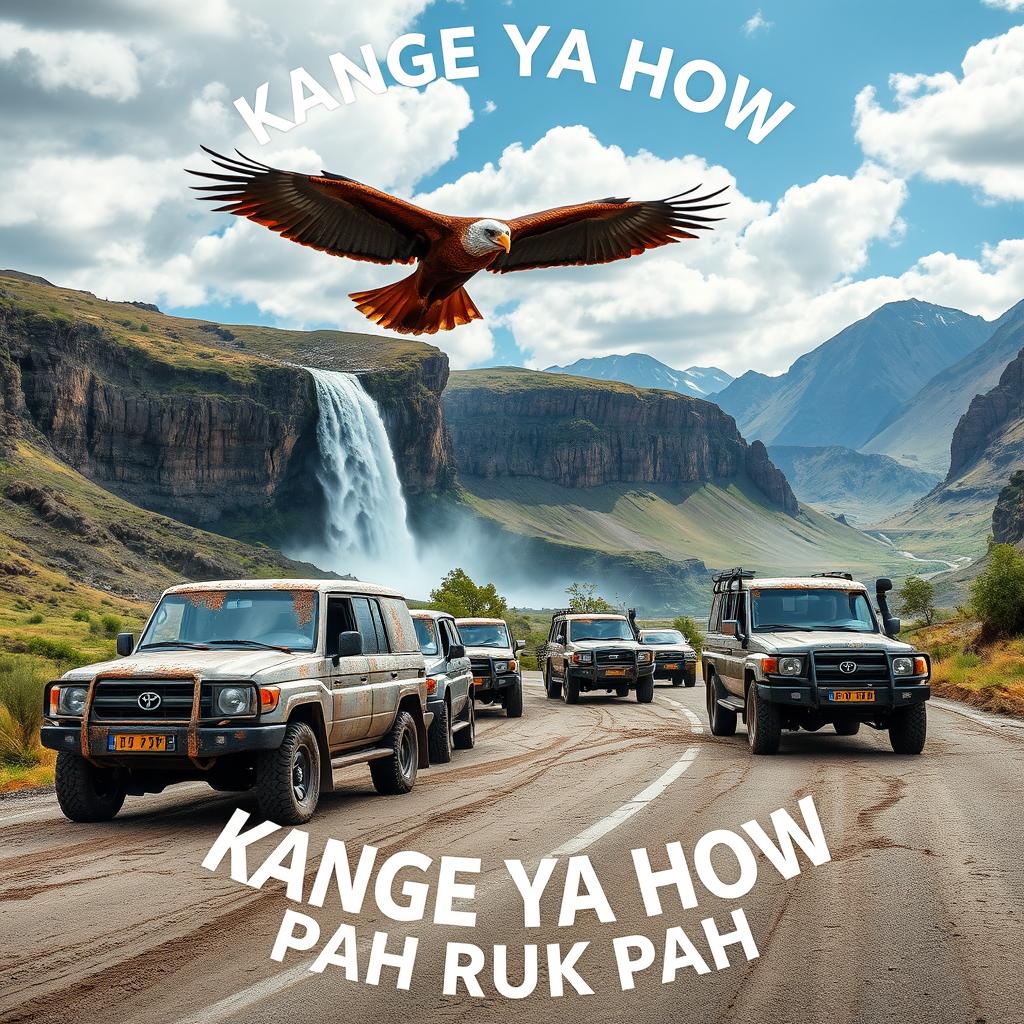 A stunning landscape featuring a convoy of double cab Toyota Land Cruisers 4WD 75 series vehicles covered in mud, driving along a highway