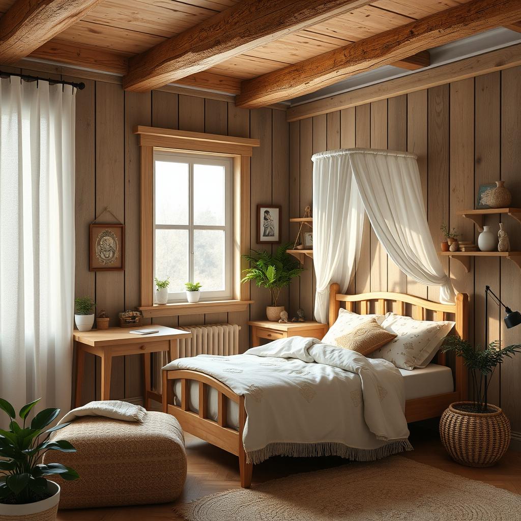 Aesthetic rustic bedroom design for a teenage girl featuring a simple bed, a window facing outside, a study desk, a delicate canopy over the bed, and simple aesthetic lighting