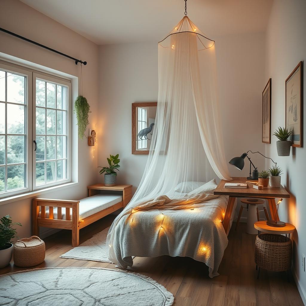 A rustic style bedroom designed for a teenage girl, featuring a simple bed with a wooden frame, a large window overlooking nature, a cozy study desk made of reclaimed wood, a delicate mosquito net draped over the bed, and minimalist aesthetic fairy lights adorning the room for a warm glow
