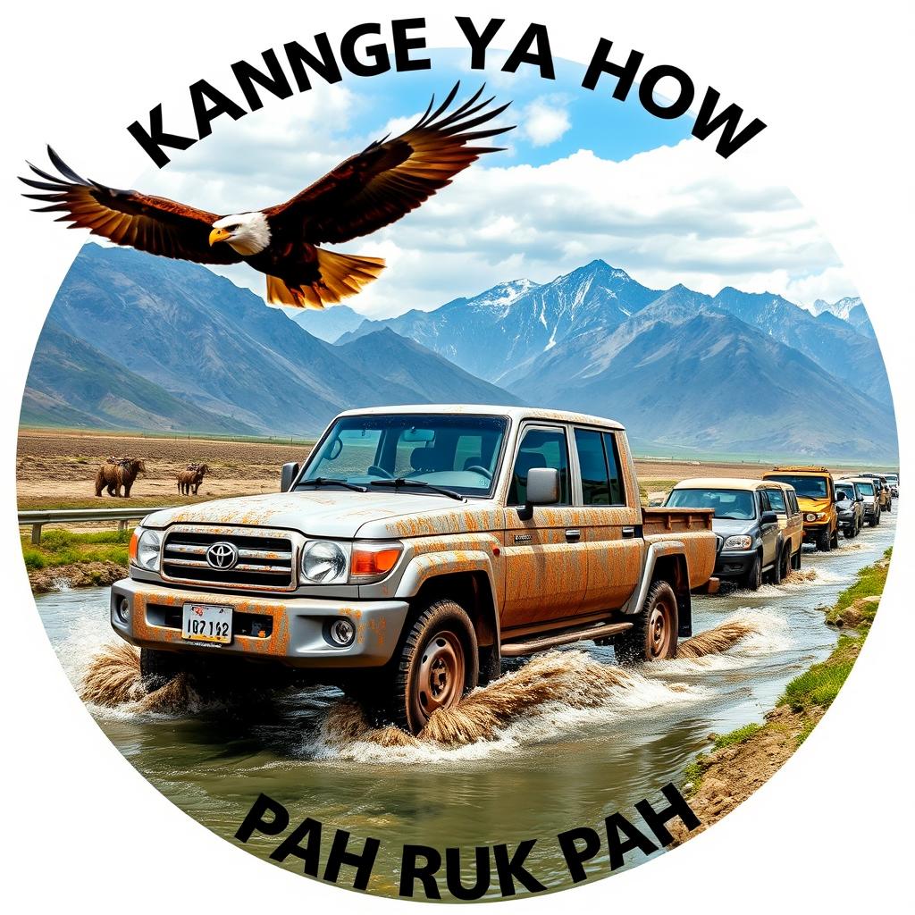 A double cab Toyota Land Cruiser 4WD 75 series covered in mud, driving on a highway within a convoy