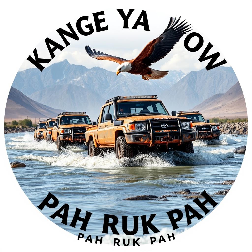 A scene depicting a convoy of double cab Land Cruiser 4WD 75 series Toyota trucks covered in mud, prominently featured crossing a river with water splashing around