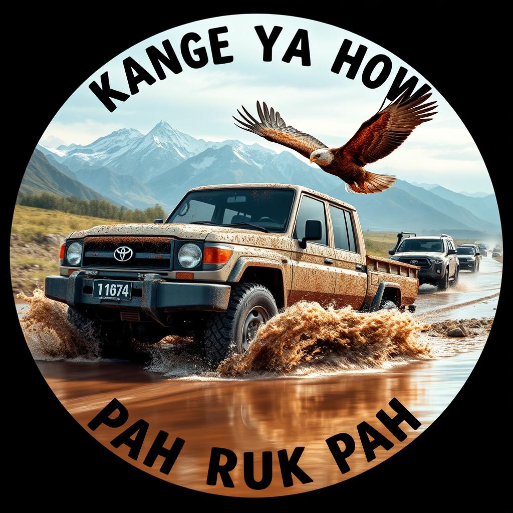A double cab Land Cruiser 4WD 75 Series Toyota covered in mud driving through a river on a highway in a convoy