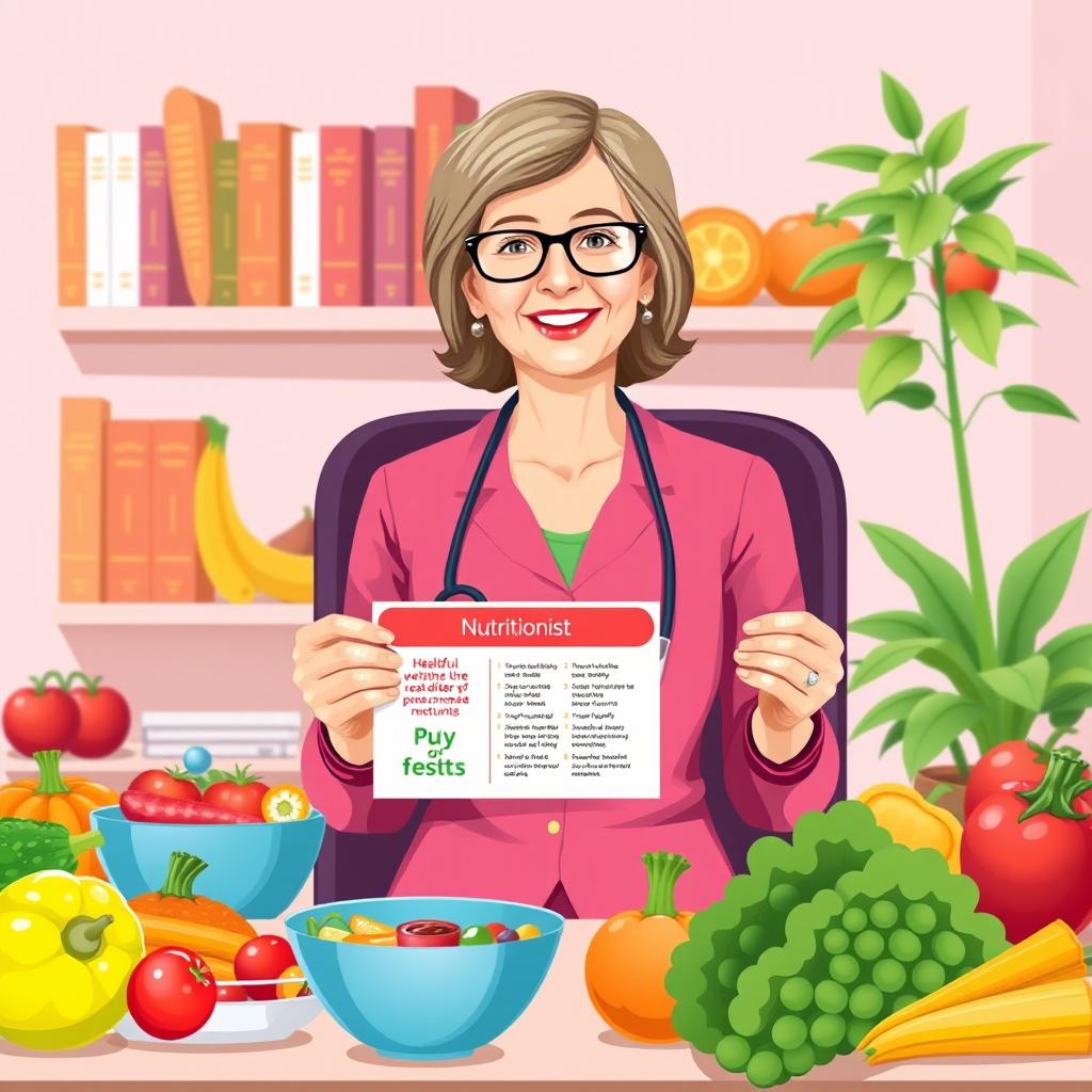 An informative illustration featuring a nutritionist in an office setting, surrounded by healthy food items such as fruits and vegetables