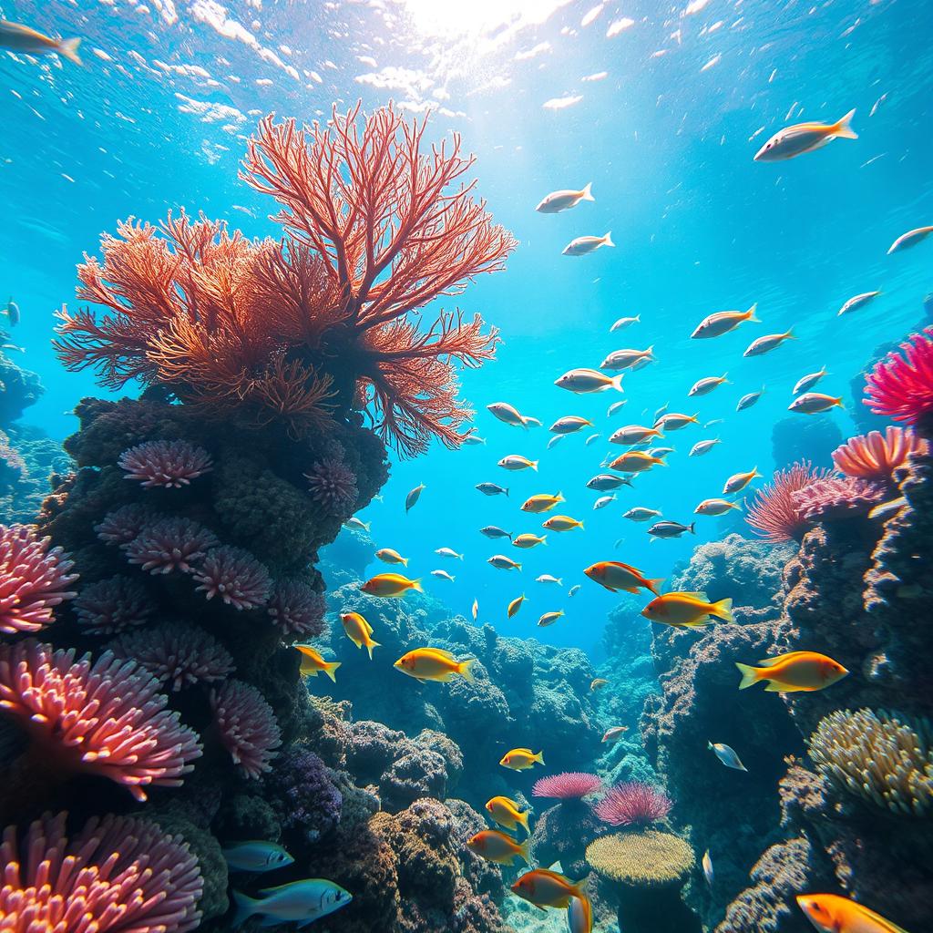 An enchanting underwater scene featuring a vibrant coral reef, showcasing a variety of colorful coral formations and marine life such as tropical fish swimming gracefully among the corals