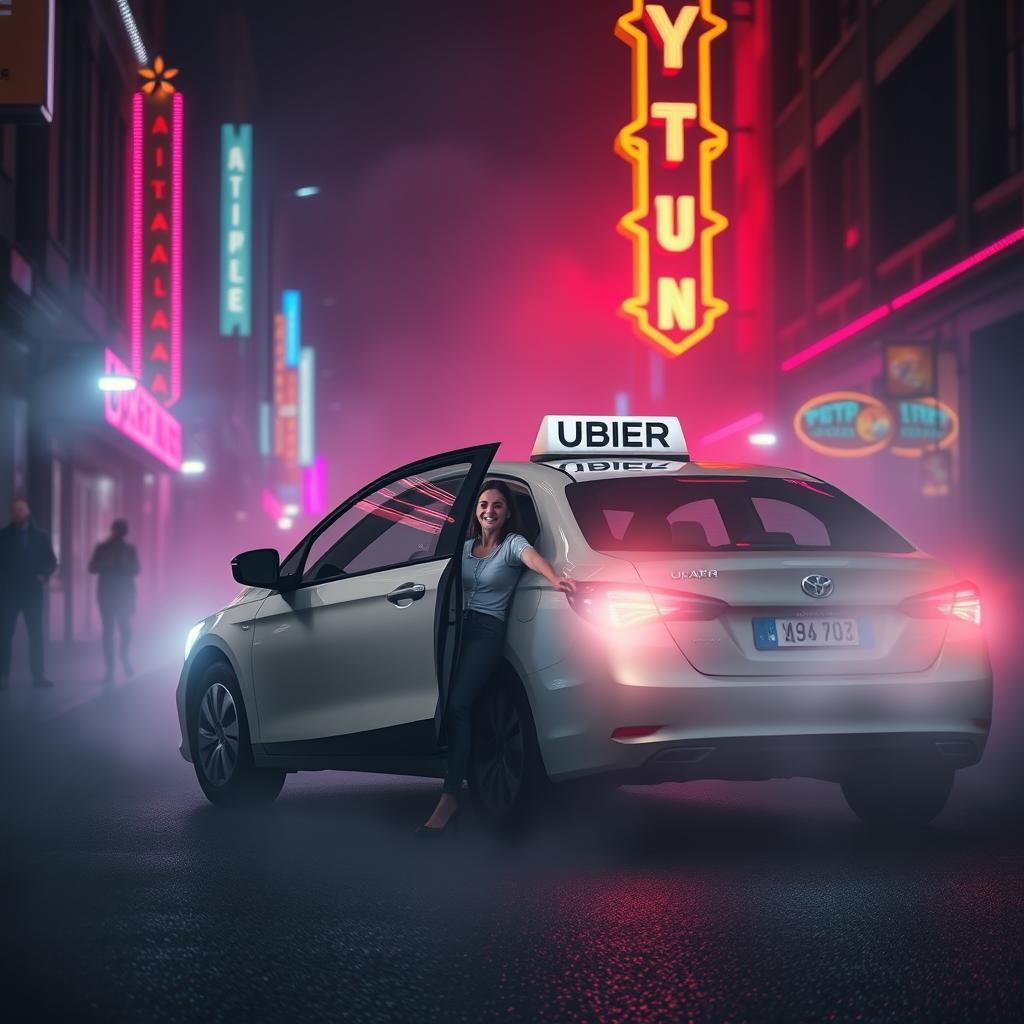 A realistic depiction of a rideshare vehicle resembling Uber parked on a striking street covered in fog