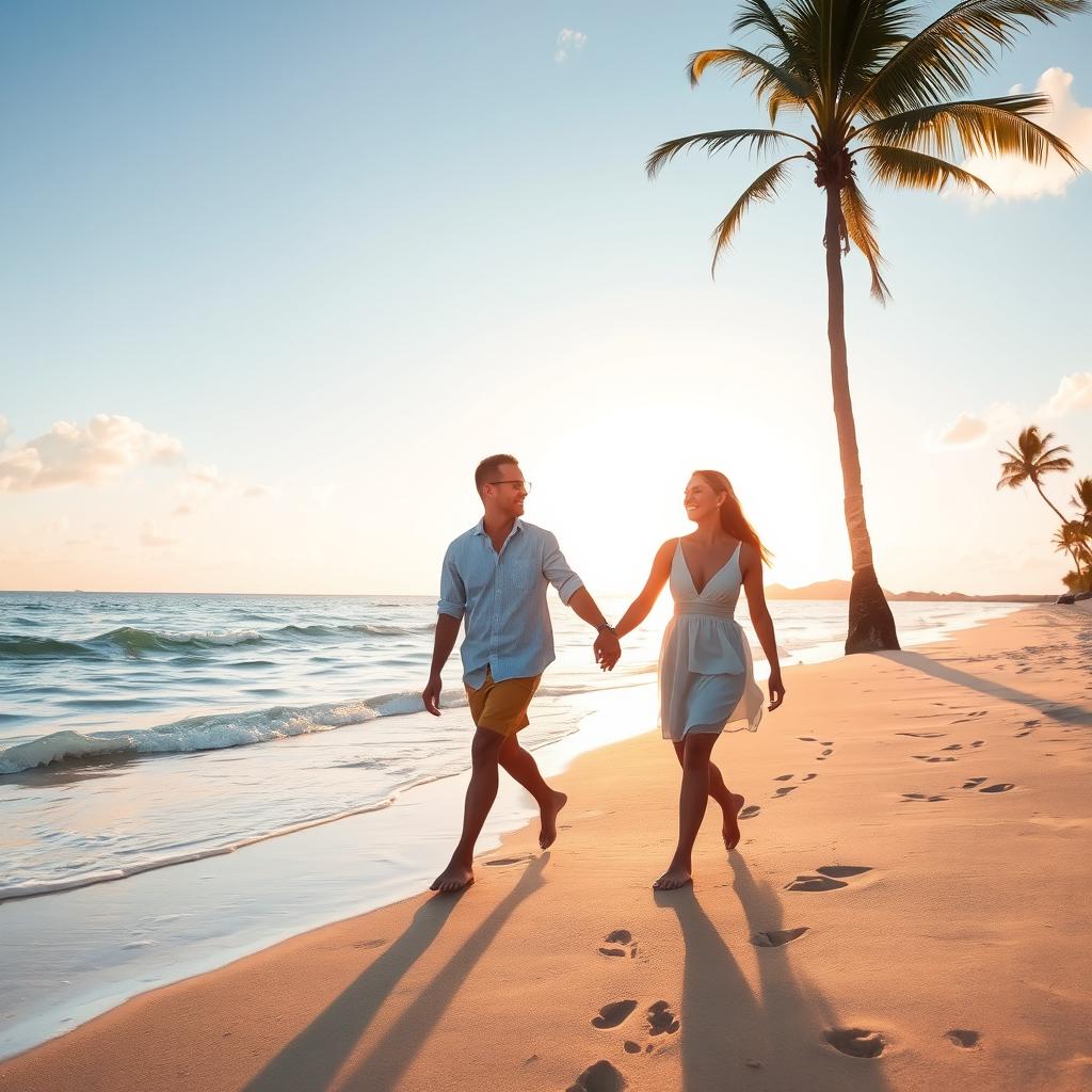 A romantic scene depicting a happy couple on a beautiful beach at sunset