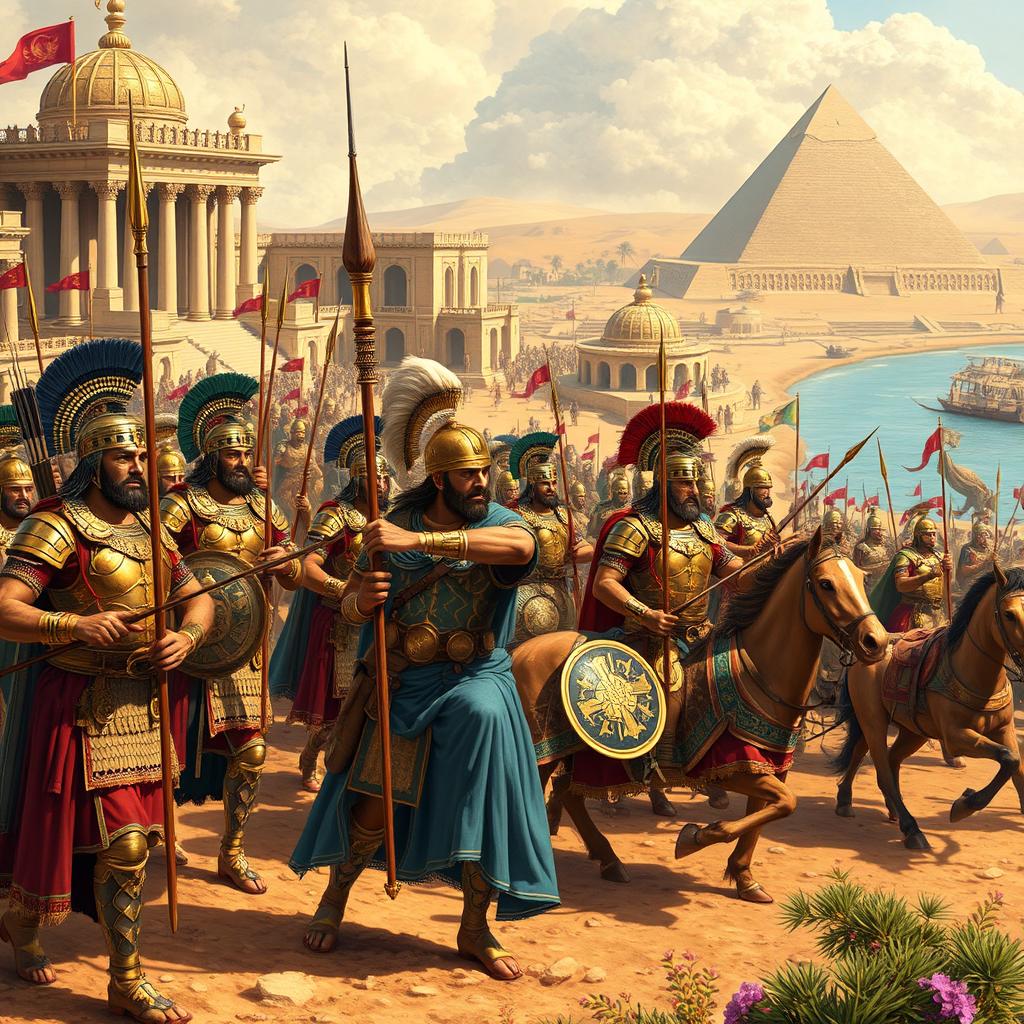 A detailed and vibrant representation of the Achaemenid Empire's army, showcasing soldiers in ancient Persian armor