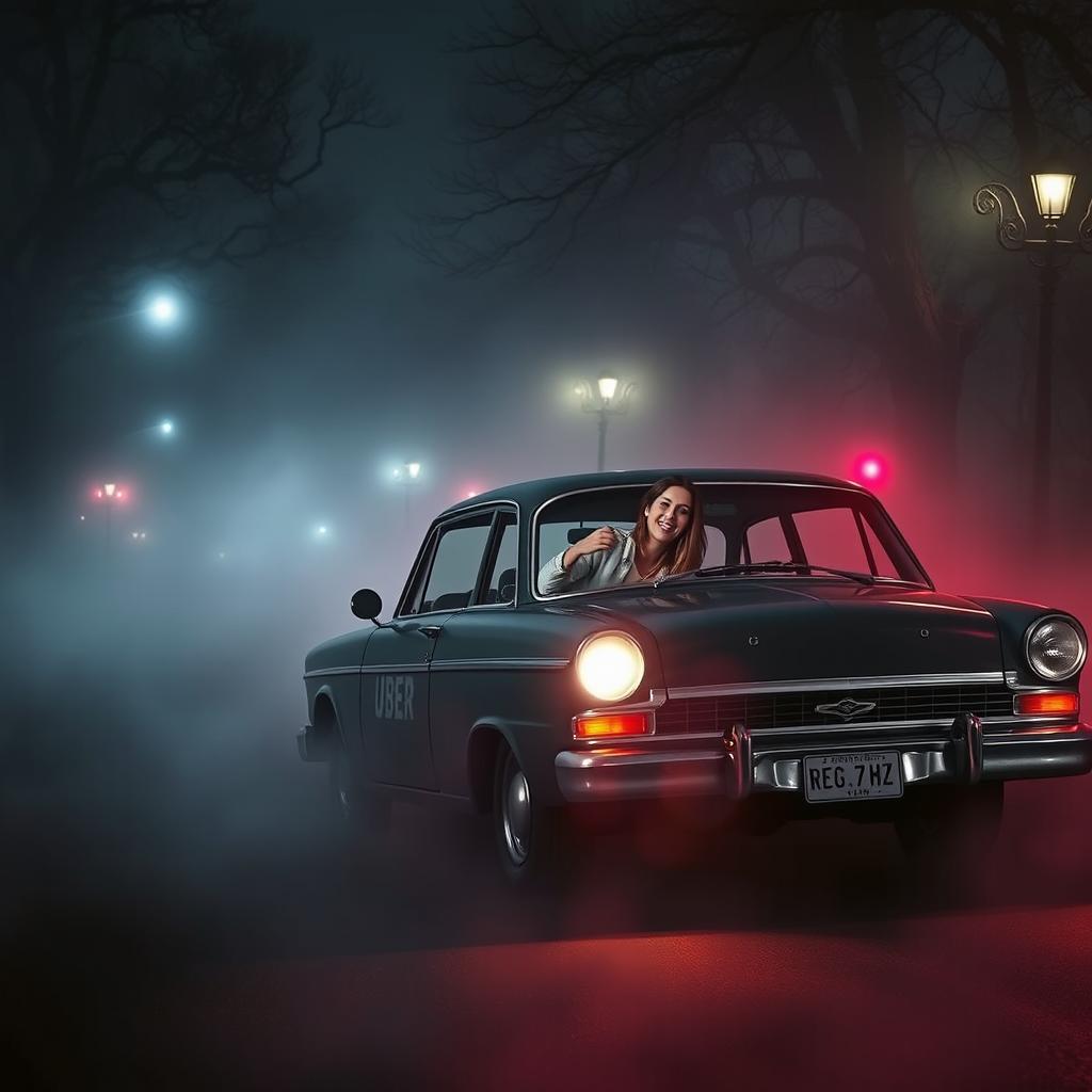 A realistic vintage Uber-style car parked on a striking street shrouded in thick fog