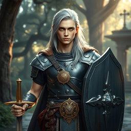 A 22-year-old male Aasimar Paladin, with long silver hair styled and tied with a leather strap