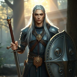 A 22-year-old male Aasimar Paladin, with long silver hair styled and tied with a leather strap