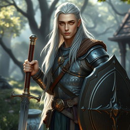 A 22-year-old male Aasimar Paladin, with long silver hair styled and tied with a leather strap