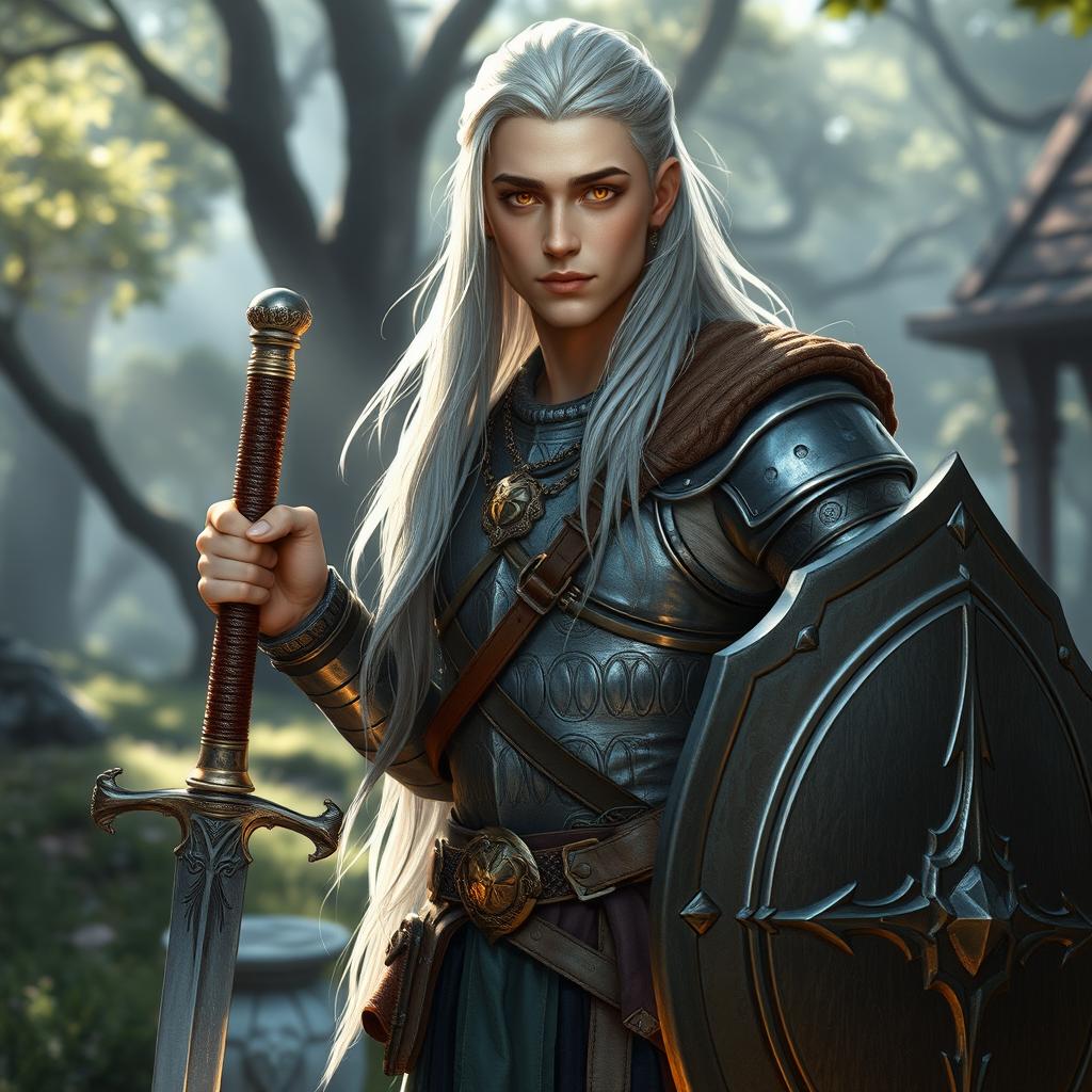A 22-year-old male Aasimar Paladin, with long silver hair styled and tied with a leather strap
