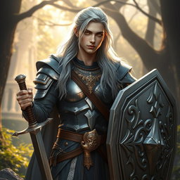 A 22-year-old male Aasimar Paladin, with long silver hair styled and tied with a leather strap