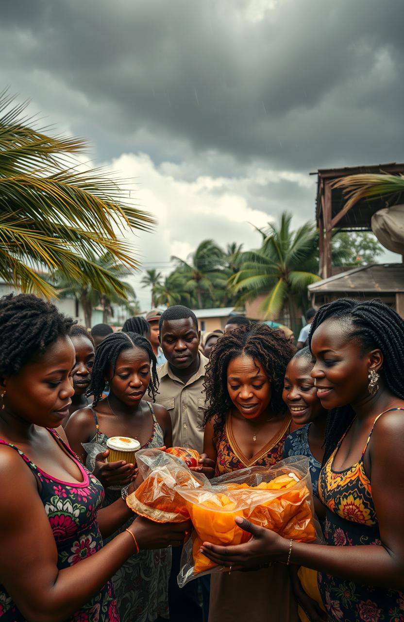 A community of African American individuals come together during a hurricane, showcasing resilience and unity