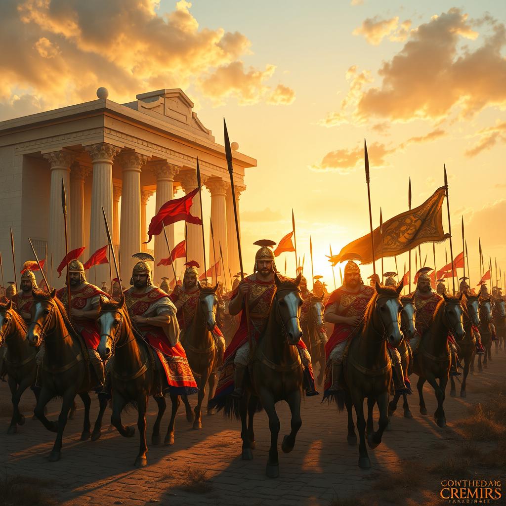 An artistic representation of the Achaemenid Army, showcasing a grand scene featuring Persian soldiers in traditional attire, armed with spears and bows, mounted on horsebacks and marching in formation