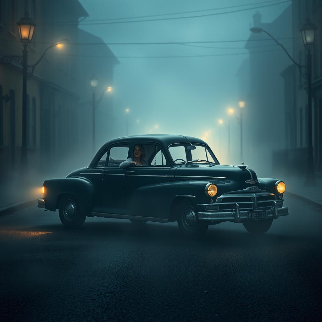 A realistic depiction of an antique Uber-like car parked on a striking street enveloped in fog