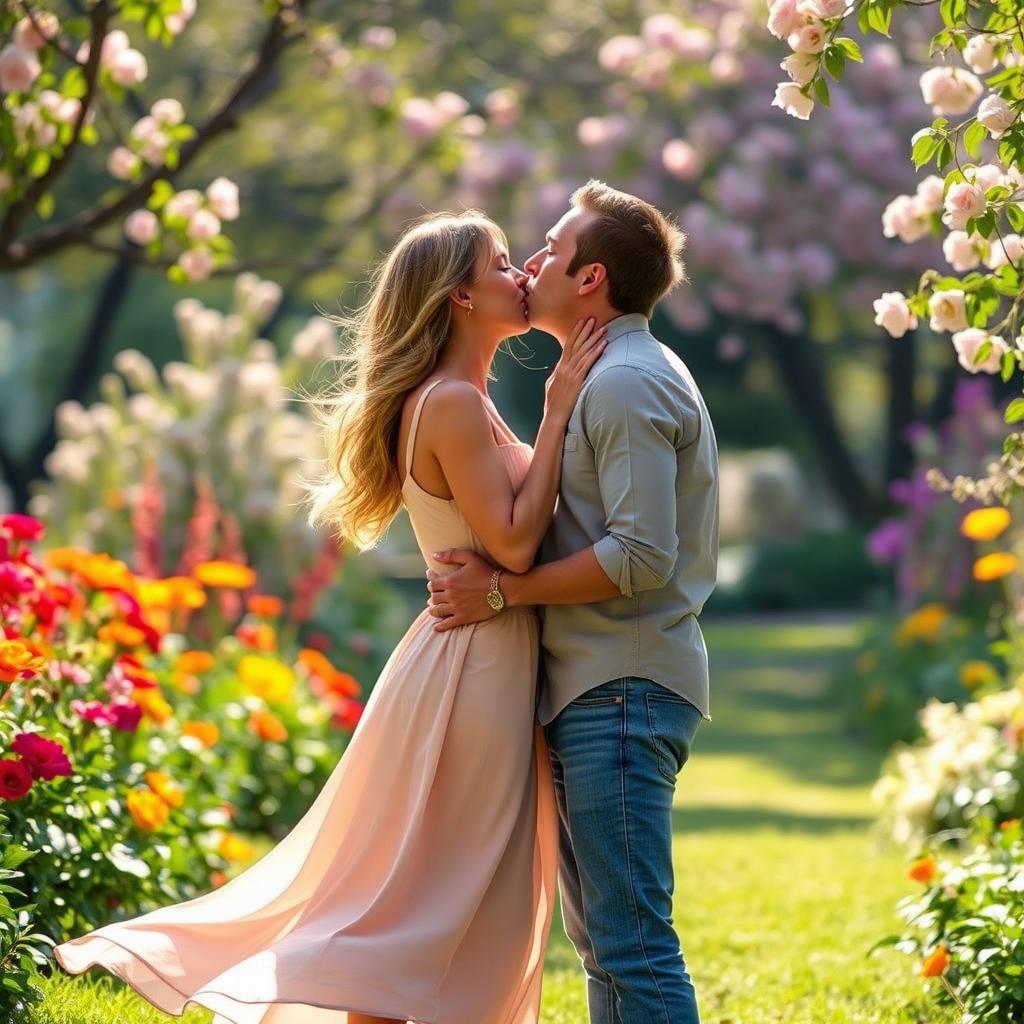 A romantic scene depicting two people sharing a passionate kiss in a beautiful outdoor setting