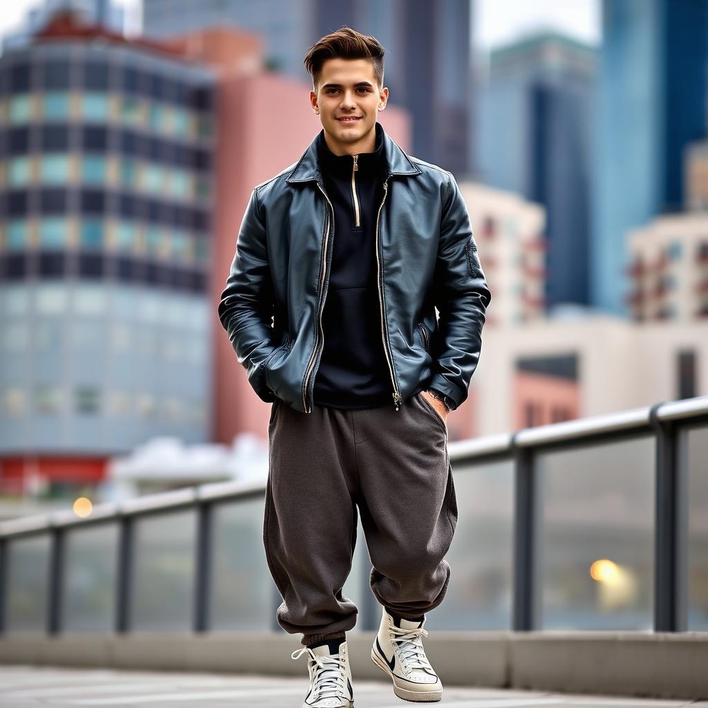 A stylish man wearing a black leather jacket over a half-zip fleece, paired with baggy pants and high-top shoes