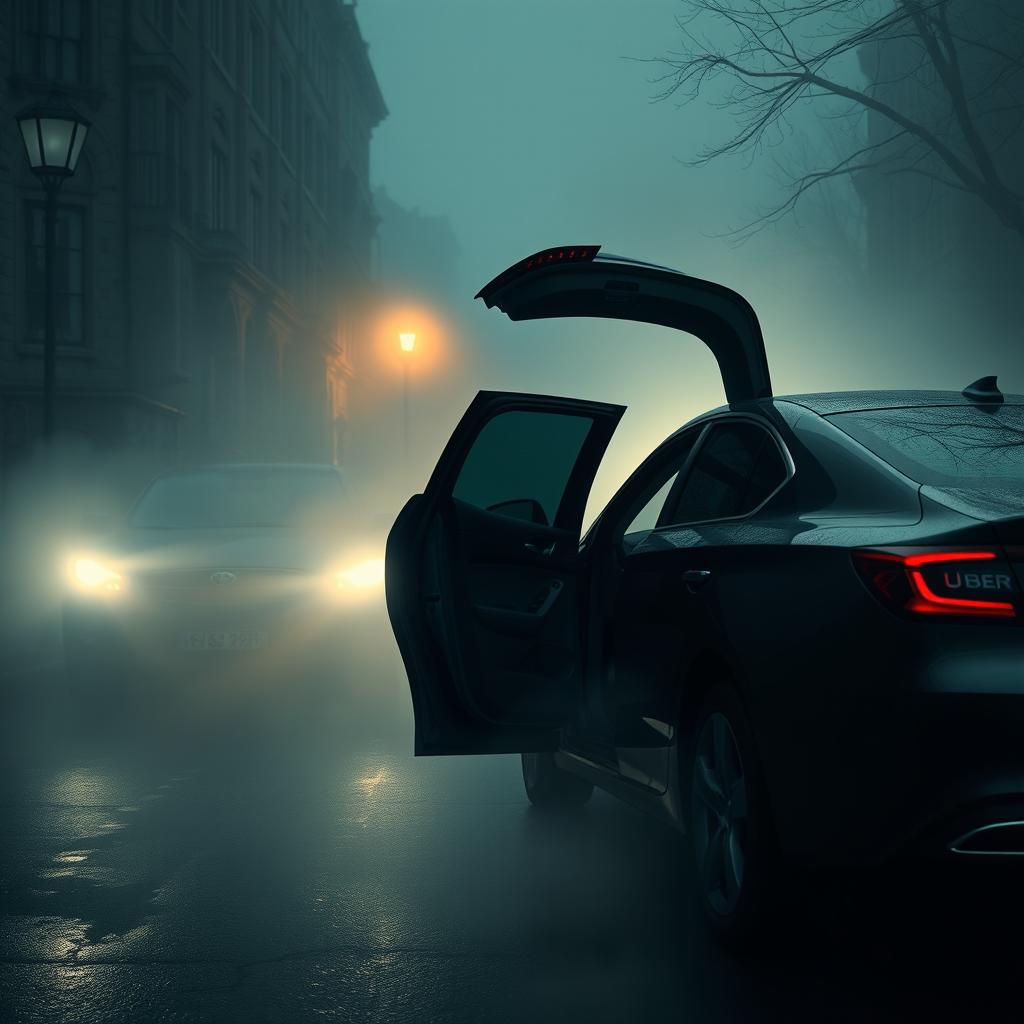 A realistic depiction of an Uber-style car parked on a strikingly atmospheric street shrouded in fog