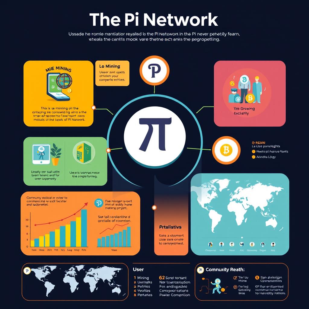 An infographic showcasing the Pi Network, a cryptocurrency project, featuring various sections that explain its core concepts, including mining, user participation, and community growth