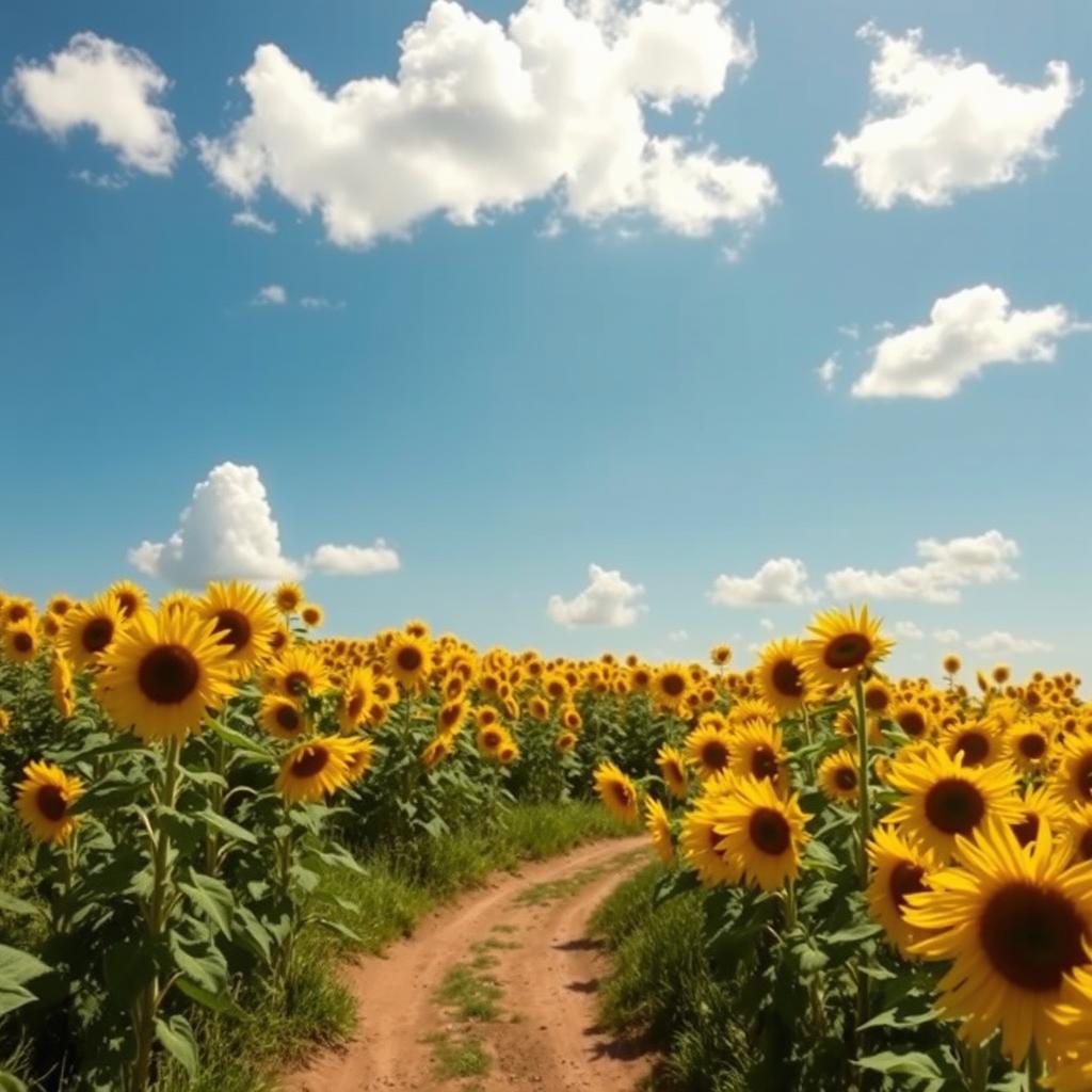 A serene landscape depicting a vast field of bright yellow sunflowers under a clear blue sky, with fluffy white clouds lazily drifting by