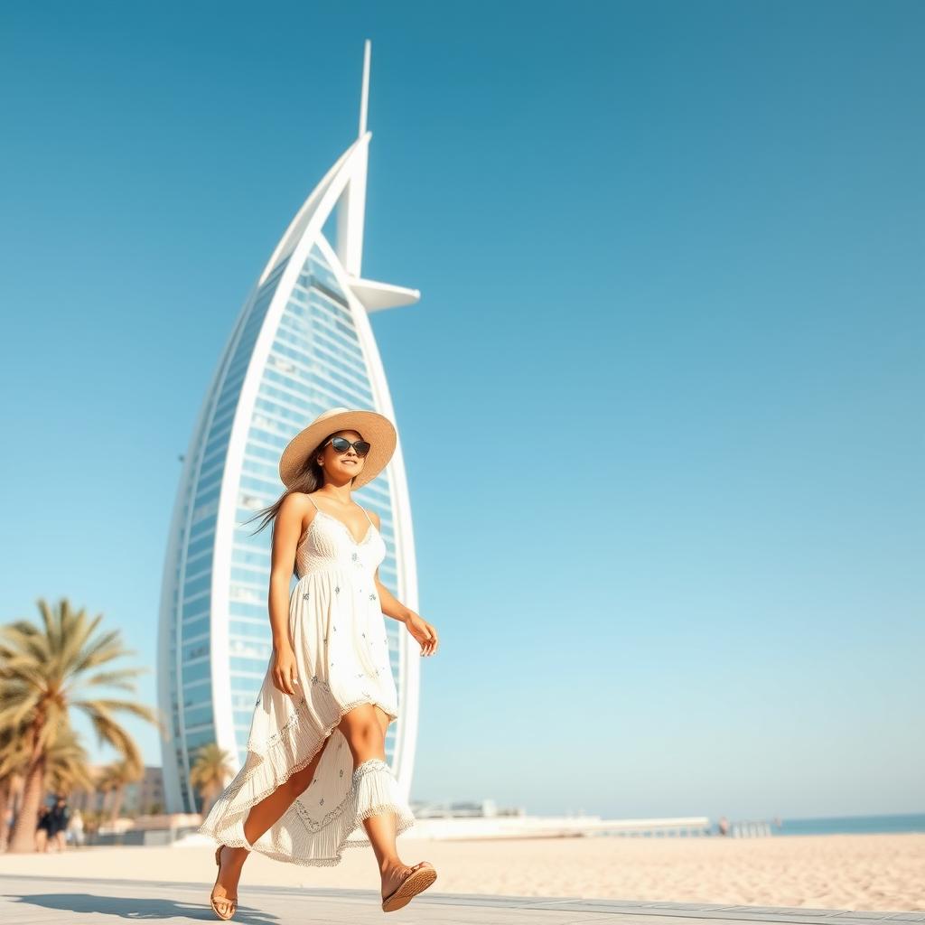 A young woman walking gracefully next to the iconic Burj Al Arab in Dubai, with a clear blue sky in the background