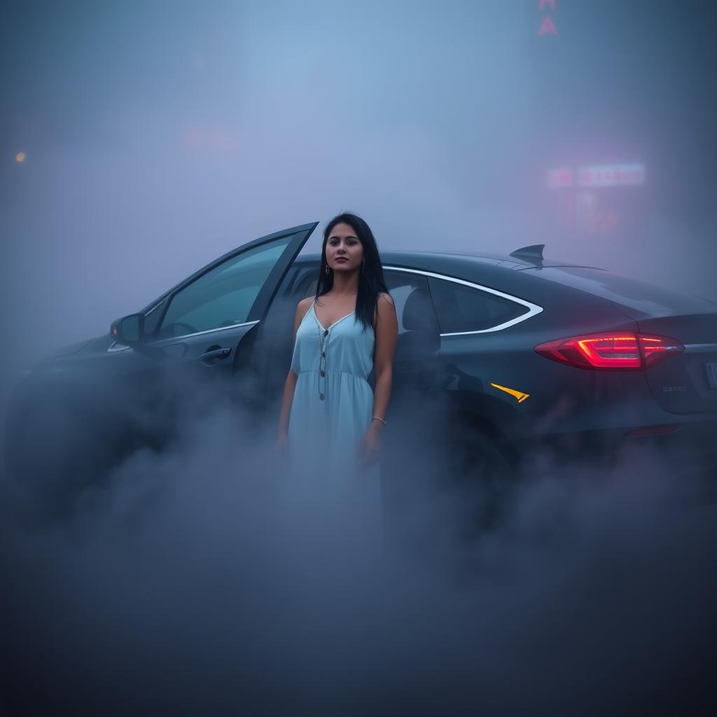 A realistic image of an Uber-like car parked on a striking street, with fog enveloping the scene