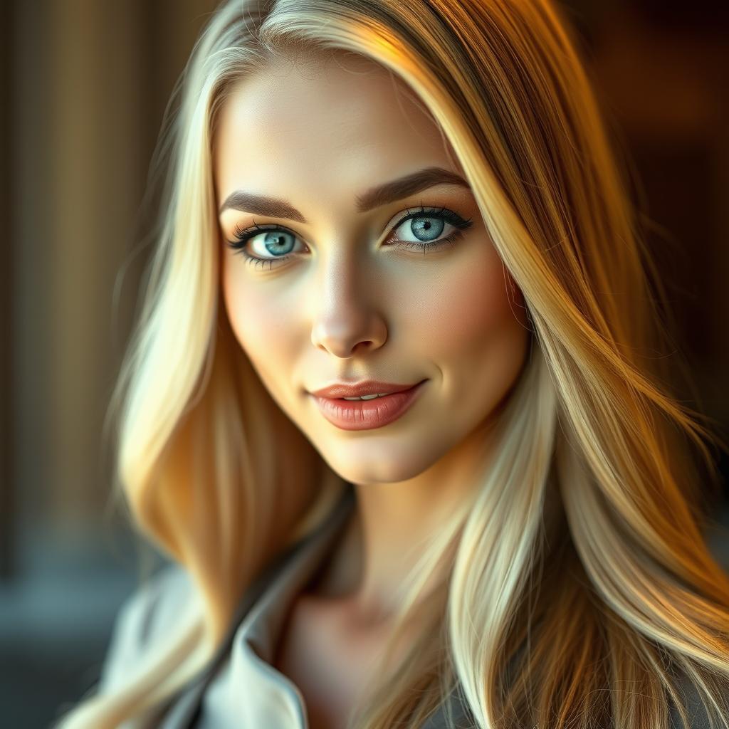 A stunning woman with bright blue eyes and long flowing golden hair, dressed in an elegant outfit