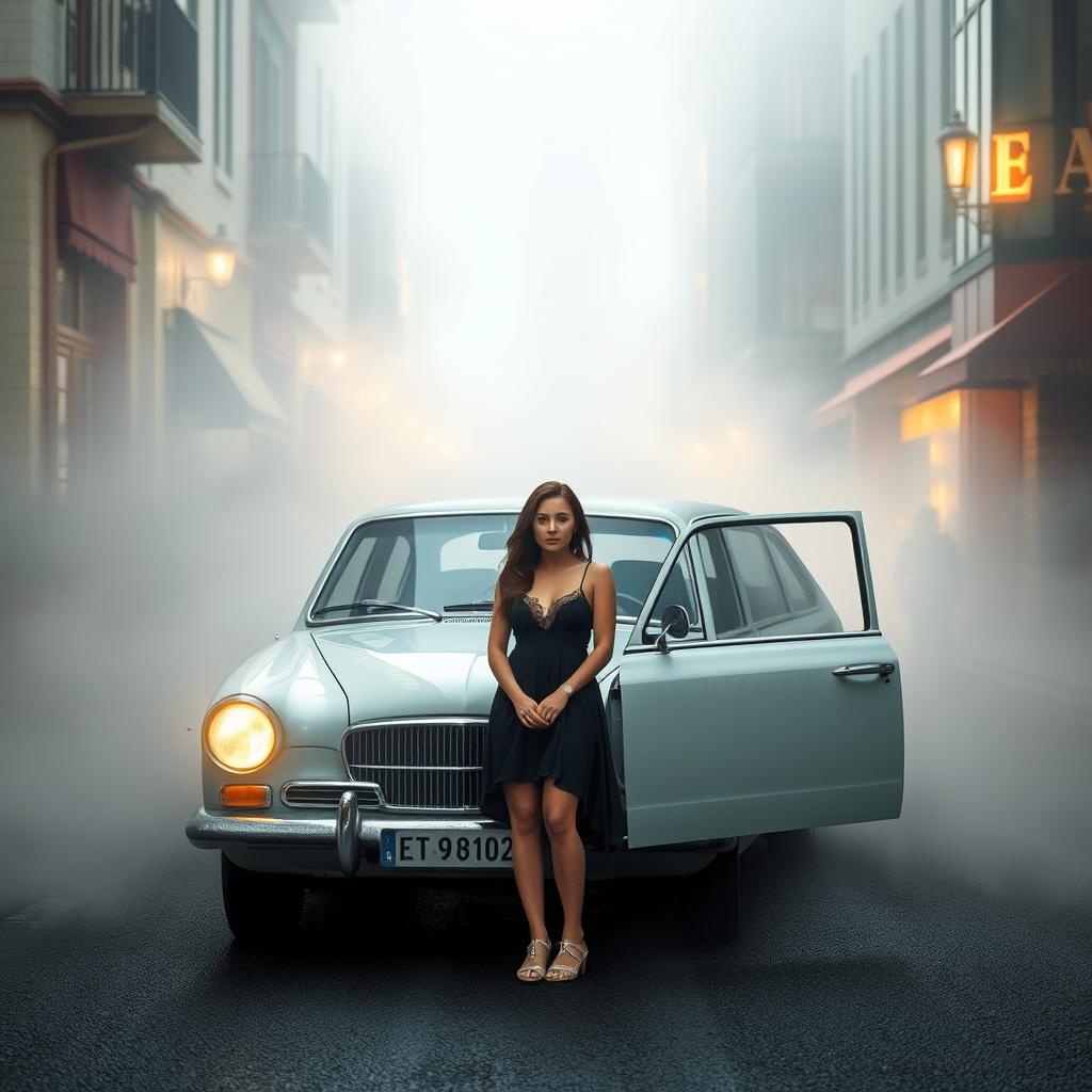 A realistic image of a semi-vintage Uber-type car parked on a striking street shrouded in fog