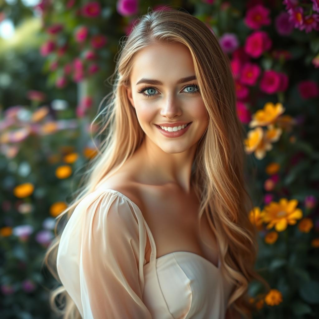 A stunningly beautiful woman with striking blue eyes and long, flowing golden hair that cascades down her shoulders