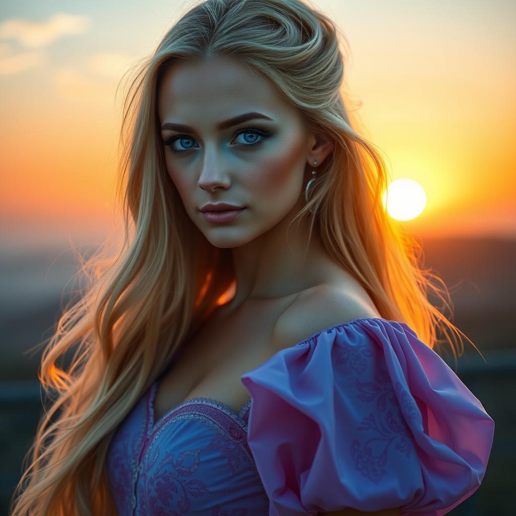 A breathtakingly beautiful woman with mesmerizing blue eyes and long, radiant golden hair that flows elegantly down her back