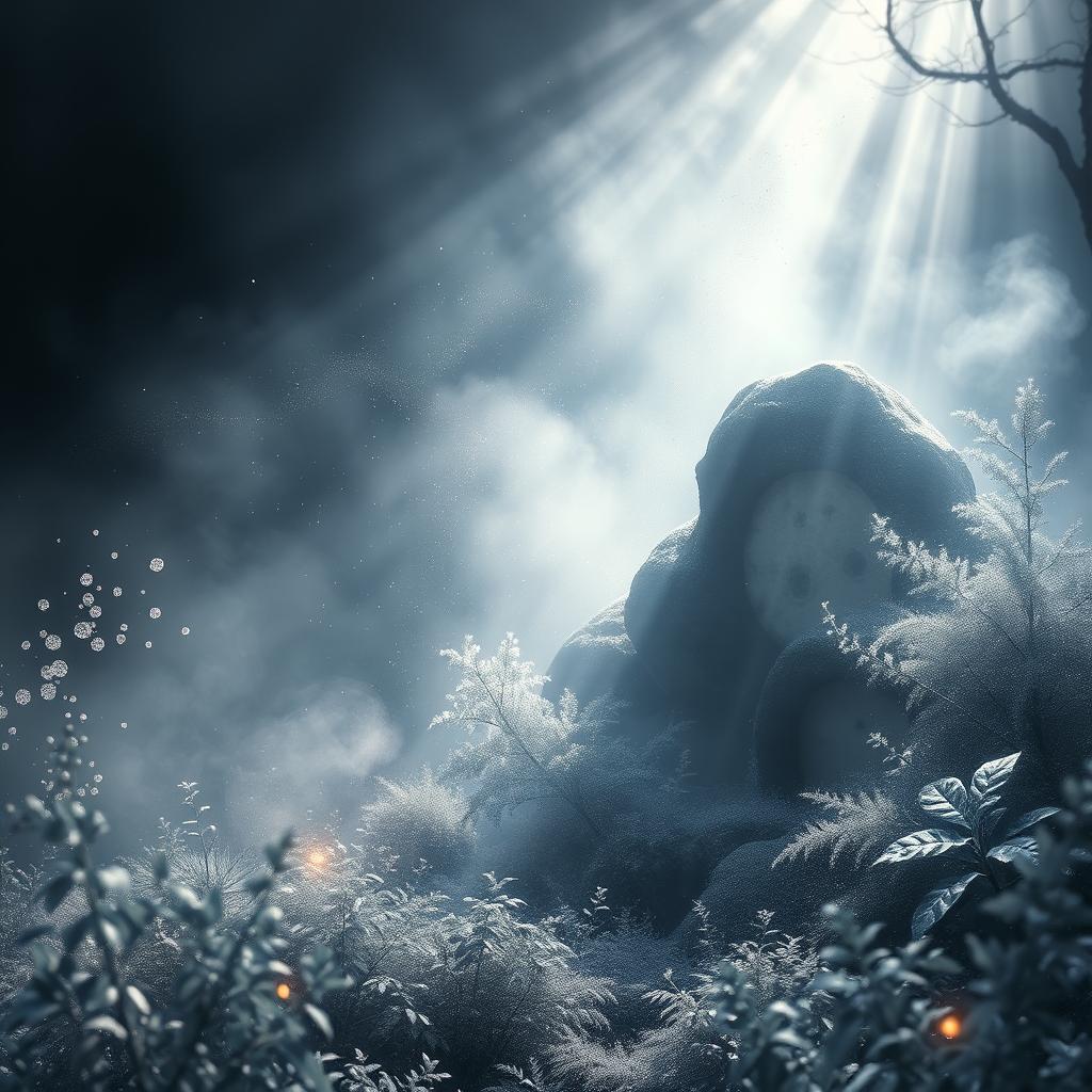 A mystical fantasy landscape infused with silver powder, creating a dreamlike ambiance