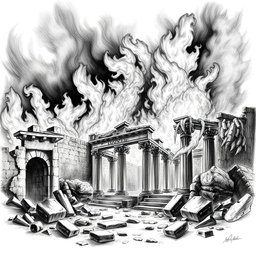 A striking black and white drawing depicting ancient ruins engulfed in flames