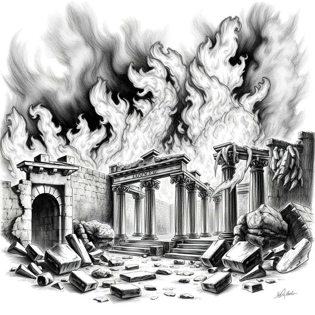 A striking black and white drawing depicting ancient ruins engulfed in flames