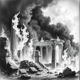 A striking black and white drawing depicting ancient ruins engulfed in flames