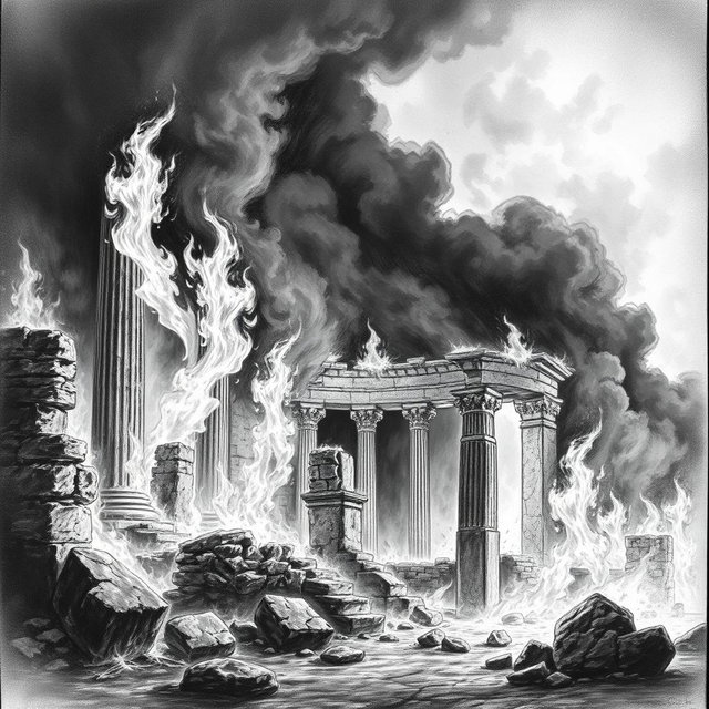 A striking black and white drawing depicting ancient ruins engulfed in flames