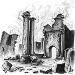 A striking black and white drawing depicting ancient ruins engulfed in flames