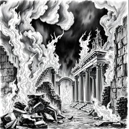 A striking black and white drawing depicting ancient ruins engulfed in flames