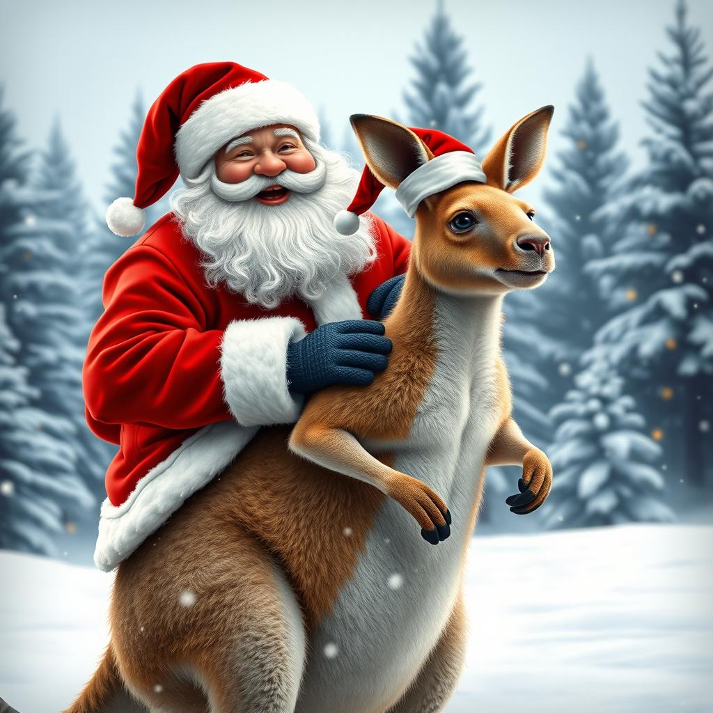 A cheerful Santa Claus dressed in a traditional red suit with white fur trim, happily riding on the back of a large kangaroo in a snowy landscape