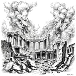 A dramatic black and white drawing of ancient ruins engulfed in flames, with billowing smoke rising into the sky