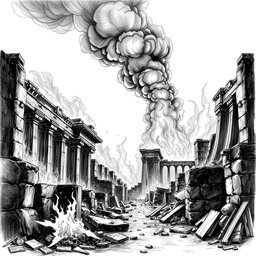 A dramatic black and white drawing of ancient ruins engulfed in flames, with billowing smoke rising into the sky