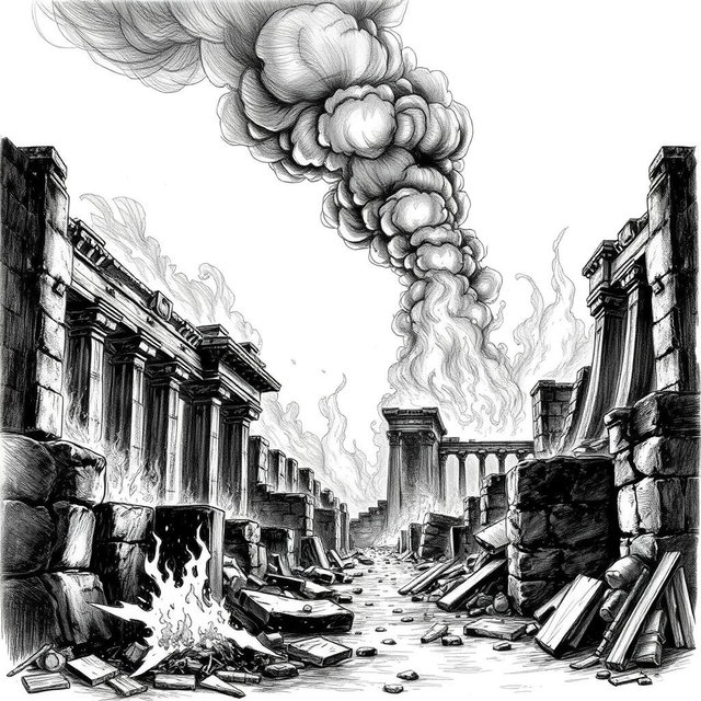 A dramatic black and white drawing of ancient ruins engulfed in flames, with billowing smoke rising into the sky
