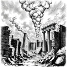 A dramatic black and white drawing of ancient ruins engulfed in flames, with billowing smoke rising into the sky