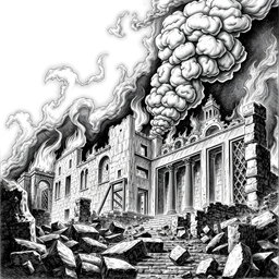 A dramatic black and white drawing of ancient ruins engulfed in flames, with billowing smoke rising into the sky