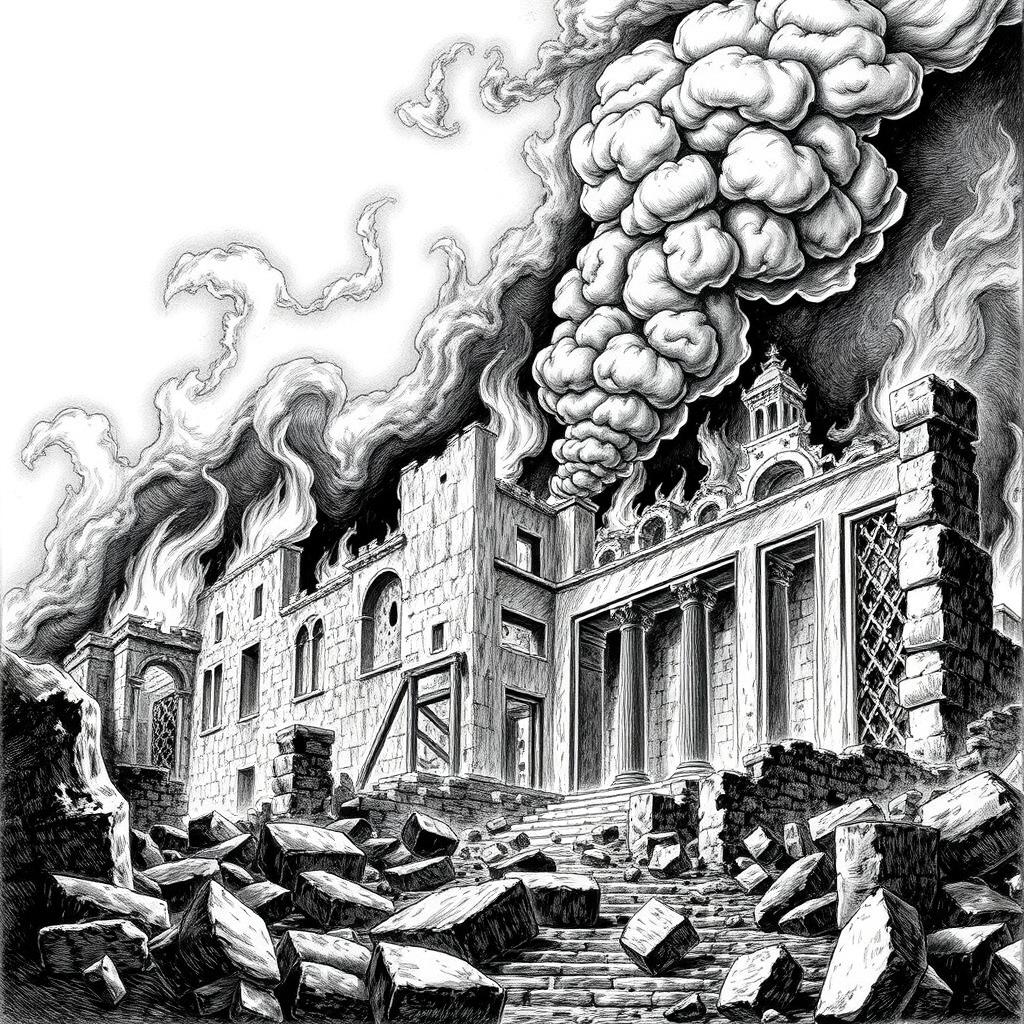 A dramatic black and white drawing of ancient ruins engulfed in flames, with billowing smoke rising into the sky