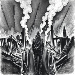 A black and white drawing depicting a man wearing a hood, gazing at the ruins consumed by fire from a rear perspective