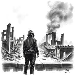 A black and white drawing depicting a man wearing a hood, gazing at the ruins consumed by fire from a rear perspective