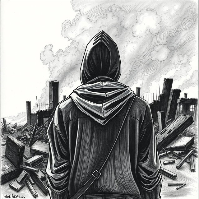 A black and white drawing depicting a man wearing a hood, gazing at the ruins consumed by fire from a rear perspective