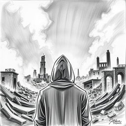 A black and white drawing depicting a man wearing a hood, gazing at the ruins consumed by fire from a rear perspective