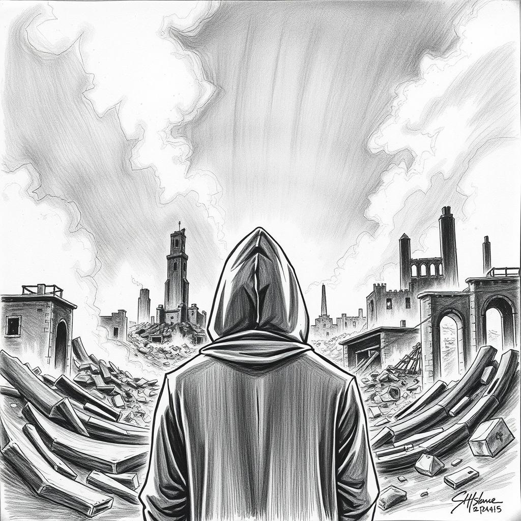 A black and white drawing depicting a man wearing a hood, gazing at the ruins consumed by fire from a rear perspective